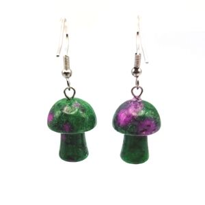 1 Pair Natural Gemstone Ruby Fuchsite Mushroom Pendant Earrings 1-1/2" Drop